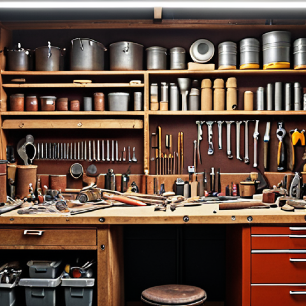 **A well-organized restoration workshop with various tools neatly arranged.** (Focus: Organized workspace)