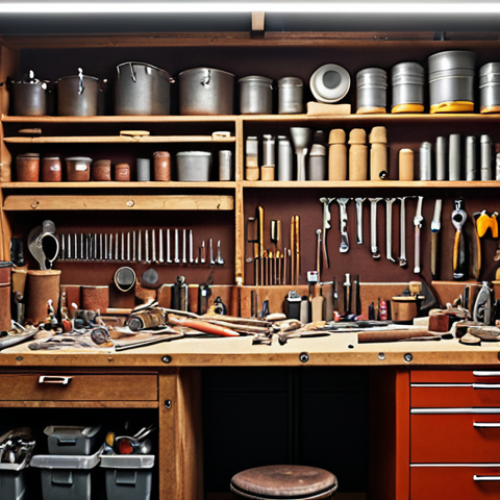 Home 4 **A well-organized restoration workshop with various tools neatly arranged.** (Focus: Organized workspace)