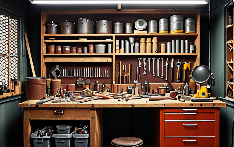 **A well-organized restoration workshop with various tools neatly arranged.** (Focus: Organized workspace)
