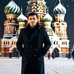 ** A professional architect, fully clothed in a stylish yet modest trench coat, stands confidently in front of the Saint Basil's Cathedral in Moscow during a light snowfall. The scene is bathed in the soft glow of streetlights. Perfect anatomy, correct proportions, well-formed hands, proper finger count, natural pose, professional, safe for work, appropriate content, family-friendly.

**