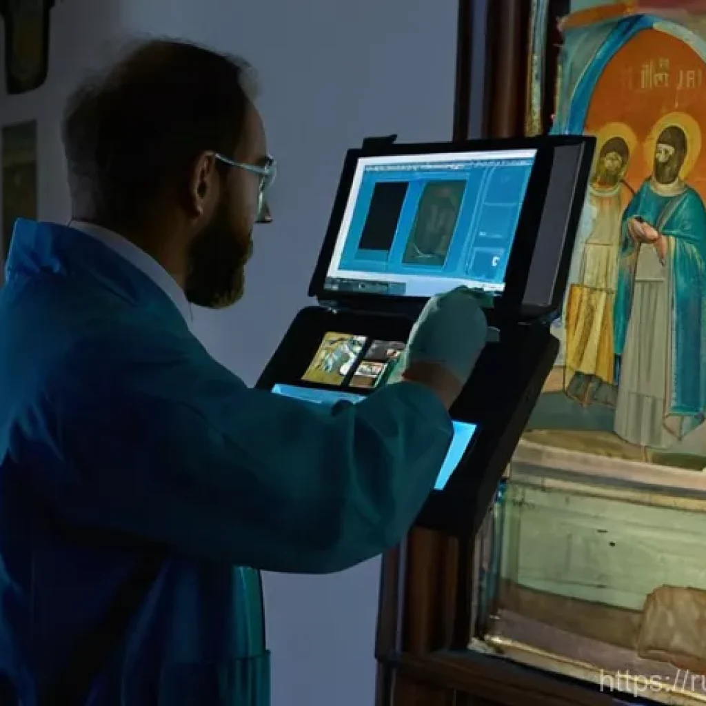 문화재수리에서 자주 쓰이는 도구 - **Prompt:** A focused scene inside a grand, dimly lit historical Russian church, where a conservator...