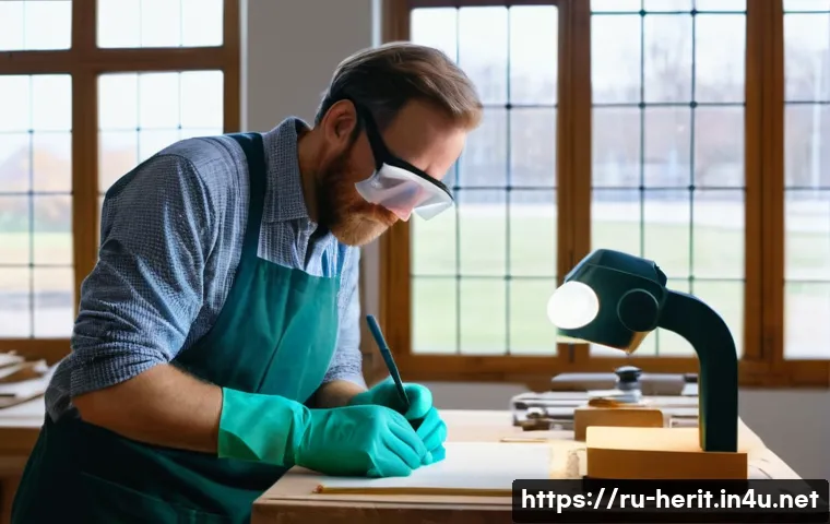 문화재수리 자격증 갱신 및 유지 방법 - A professional conservator in a modern restoration workshop, carefully examining and applying advanc...