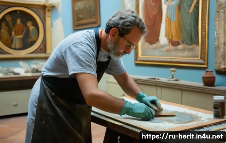 문화재수리 자격증과 다른 자격증 비교 - A skilled art restorer carefully working on a delicate ancient fresco inside a classical European mu...