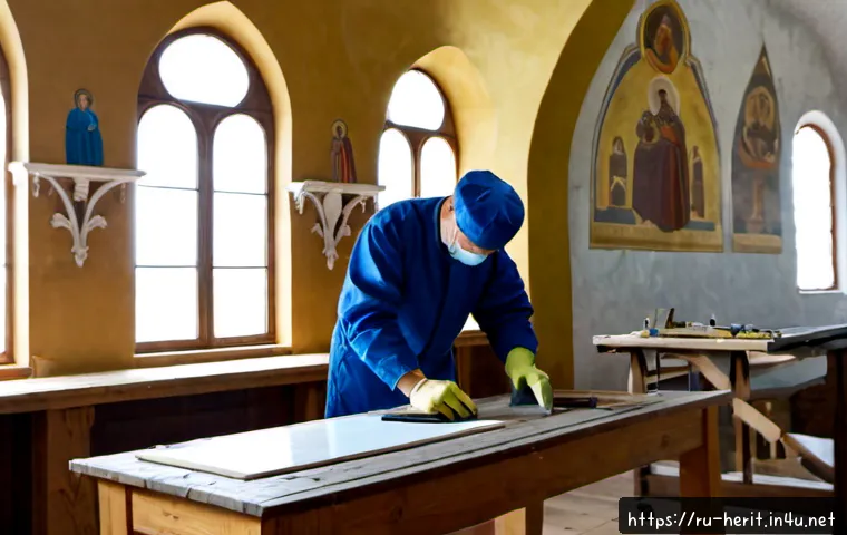 Home 13 문화재수리에서의 책임과 법적 의무 - Photorealistic heritage restoration site in a historic Russian Orthodox church interior, skilled con...