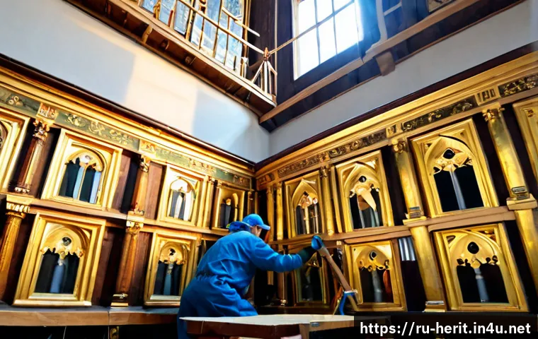 Home 15 문화재수리 관련 산업의 경제적 가치 - Photorealistic wide-angle scene inside a historic Russian cathedral restoration workshop, skilled co...